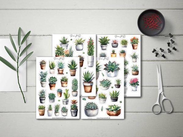 Einzigartiges Sticker-Set mit verschiedenen Sukkulenten und Topfpflanzen – handgemalt im Aquarellstil
